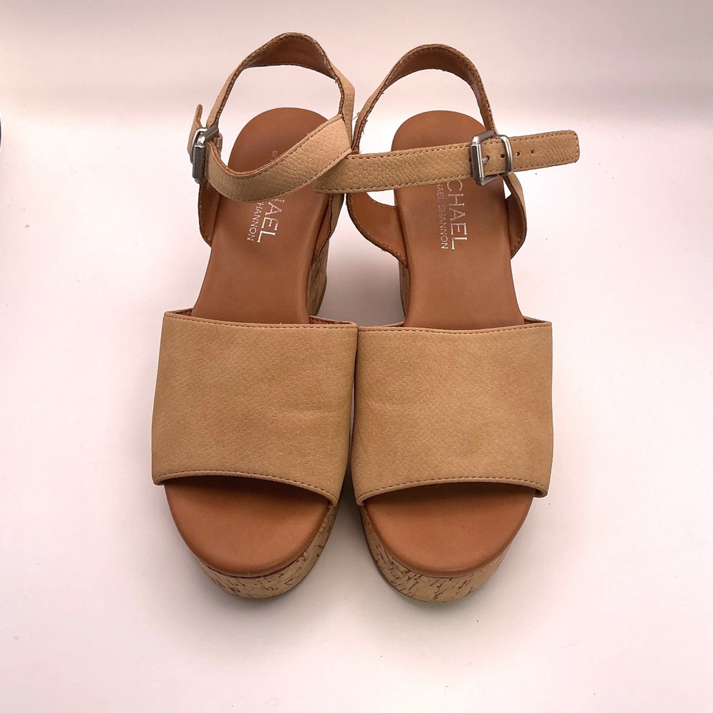 Michael by Michael Shannon Tan Faux Suede Cork Platform Wedge Sandals Sz 6.5